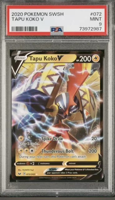 2020 POKEMON SWORD & SHIELD- 72- TAPU KOKO V- PSA 9 CARD – Pokefeens