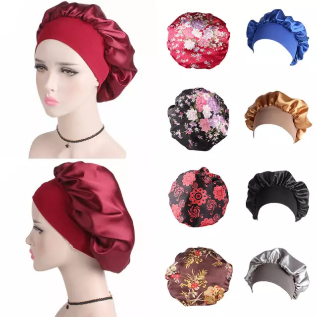 Women Satin Silk Night Sleep Cap Hair Bonnet Hat Head Cover Wide Elastic Band