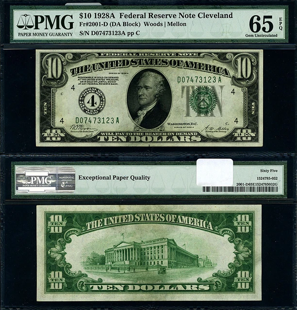 FR. 2001 D $10 1928-A Federal Reserve Note Cleveland D-A Block Gem PMG CU65 EPQ