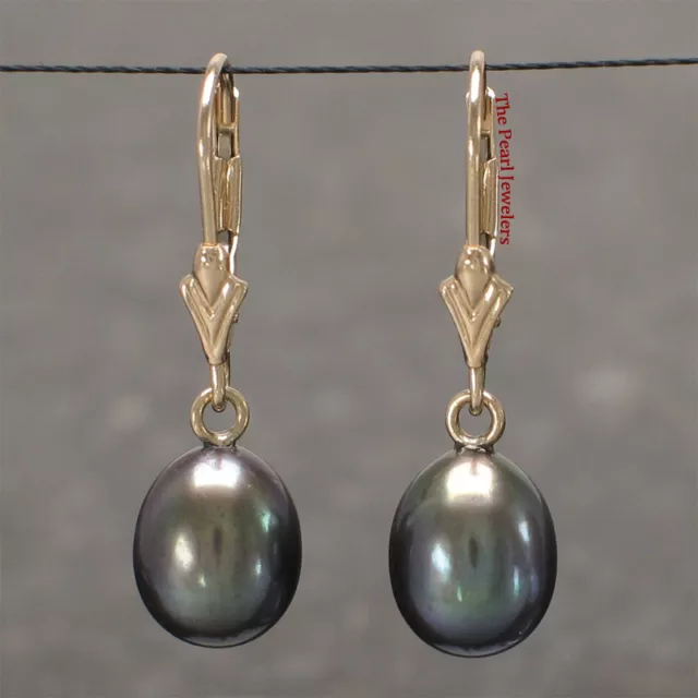 14kt Solid Yellow Gold Leverback Raindrop Black Cultured Pearl Dangle Earrings