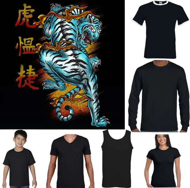 Dragon T-Shirt Uomo Giappone Orientale Ispirato Scrittura Tigre Animale Unisex