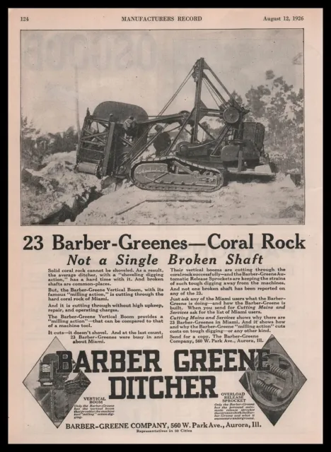 1926 Barber Greene Ditcher Vertical Boom Photo Miami Florida Coral Rock Print Ad