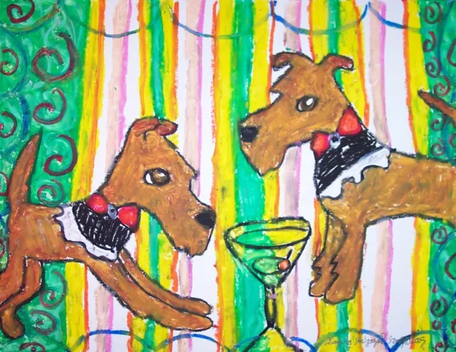 IRISH TERRIER drinking a Martini 4 x 6 DOG Folk ART Print Signed by Artist KSams