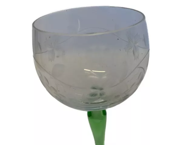 Green Stem Wine Glasses With Etched Flower & Grape Design x 3