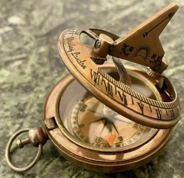 Antique Pocket Sundial Vintage Compass New Push Button Full Brass