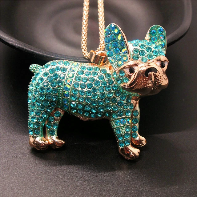 Betsey Johnson Blue Rhinestone Bling Cute Pug Dog Crystal Pendant Chain Necklace 3