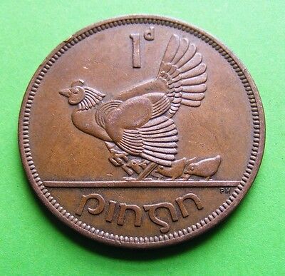 Irish 1964 One Penny Coin Old Ireland Vintage Celtic Harp Hen Chickens Original