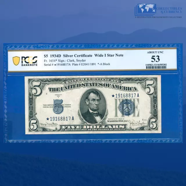 Fr.1654* 1934D $5 Five Dollars Star Note Silver Certificate, PCGS 53 #68817