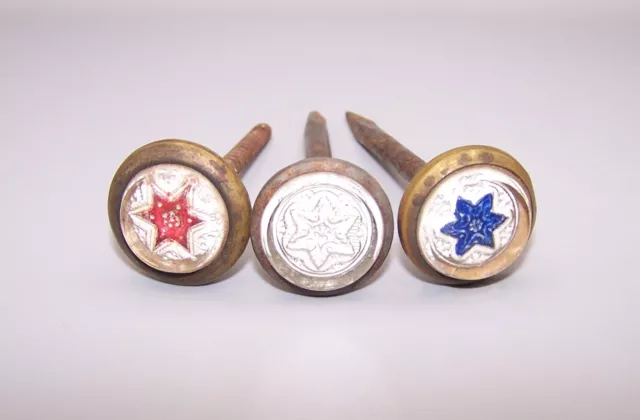 3 Antique Reverse Painted Picture Nails Red White Blue