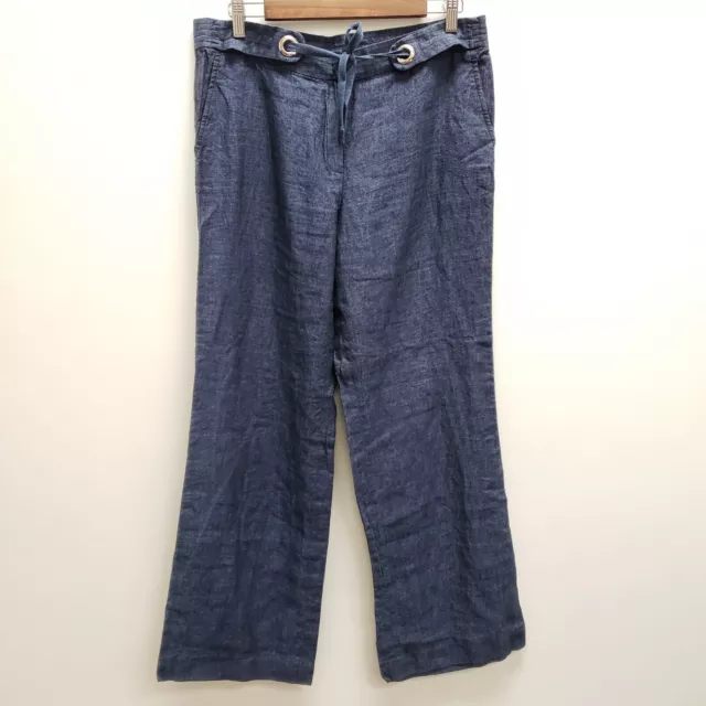 Lafayette 148 Womens Wide Leg Linen Pants Size 8 Blue High Rise Elastic Waist