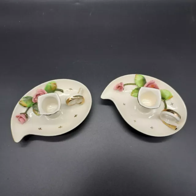 2 Lefton China Capodimonte Pink Roses Gold Trim #363 Finger Loop Candle Holders