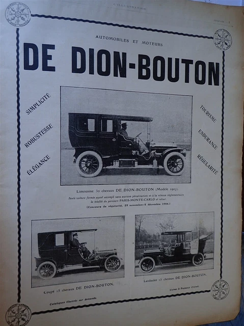 DE DION BOUTON Automobile + HOMOPHONE disque publicité papier ILLUSTRATION 1907