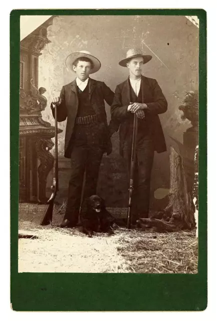 1880s Handsome Young Men Hunters w/ Rifles, Ammo Belt Hunting Dog Cabinet Photo