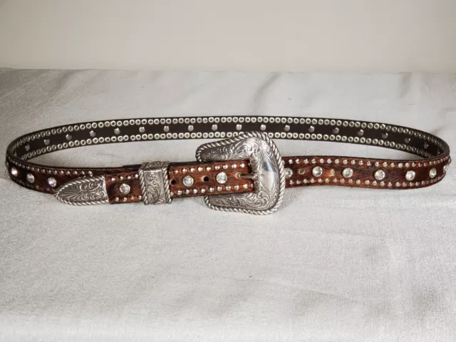 EUC NOCONA Ladies Brown Leather Calf Hair Belt Rhinestones Studs N3441402 Size L
