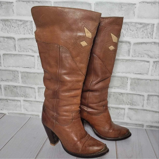 Vintage 70s Zodiac Leather Cut Out Knee High Pull on Heeled Boots