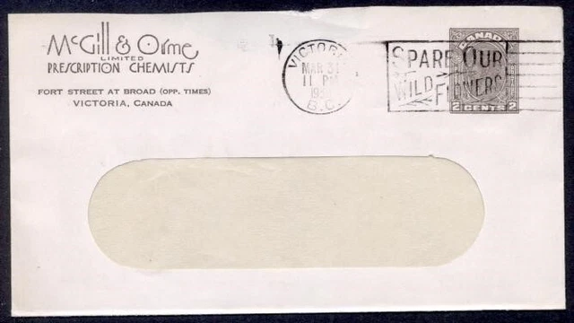 CANADA 2c KGV PRIVATE PRINTING 1935 VICTORIA WINDOW ENVELOPE