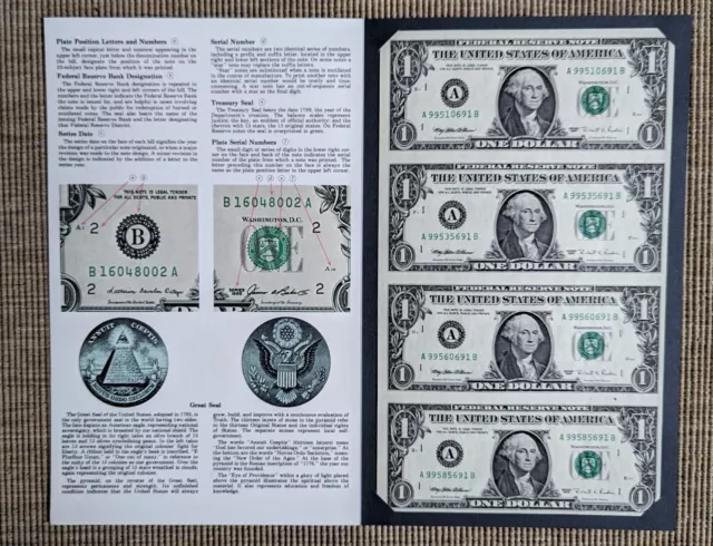 1995 Four $1 Notes Uncut Sheet US Bureau Of Engraving Boston GREAT GIFT