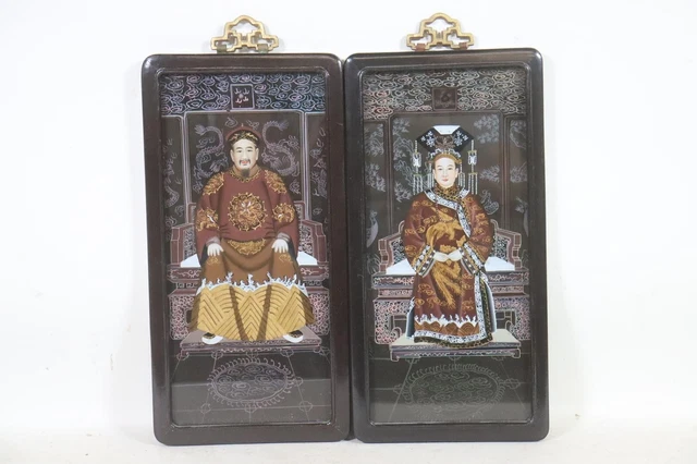 Chinesisches Kaiserpaar 2x Hinterglasgemälde im Holzrahmen China  (EW068)