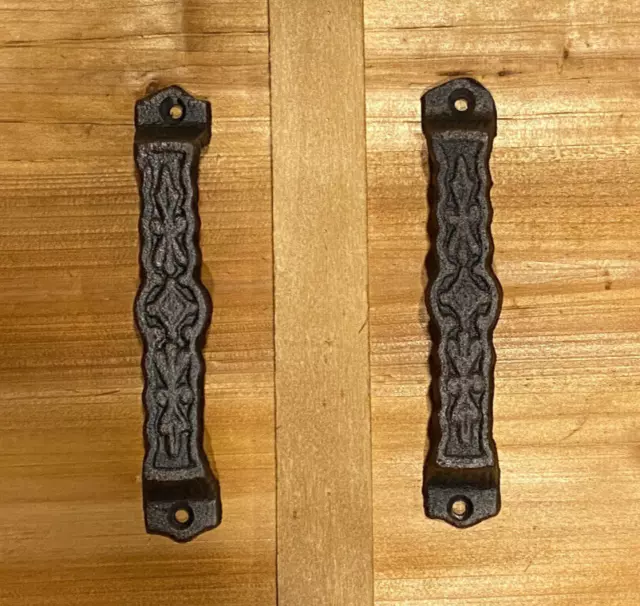 Pair of Rustic Cast Iron Drawer Pulls 2 Primitive Handles Black 5.75" Long
