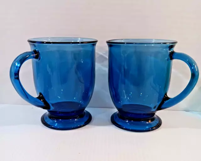 Vtg. Set of 2 Vintage Anchor Hocking Cobalt Blue Glass Footed Coffee Mugs USA 5"