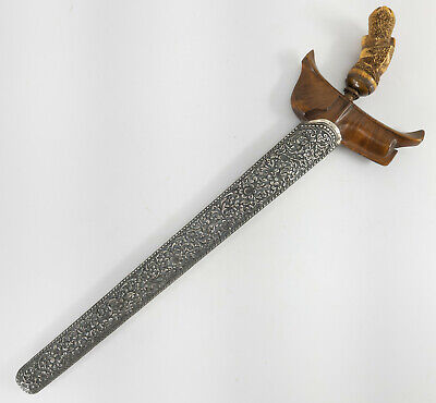 Antique Indonesian Palembang Keris Kris Carved Sword Dagger Silver Scabbard