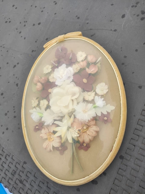 Cadre Ovale Vintage – Fleurs En Tissu Rose, Verre Bombé, Décor Rétro 15x12cm