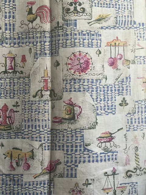 Vintage Fabric, Mid century Linen. French Textile. Blue Pink Panel. Kitchen Fun 3