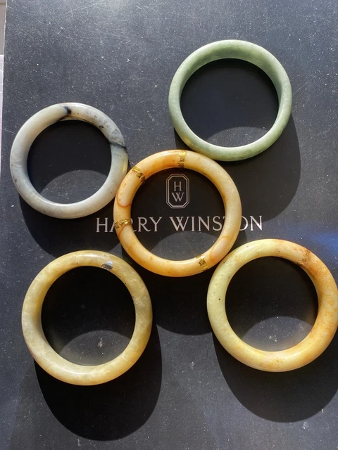 Joblot Of Five Green&Pale White&Yellow Russet Translucent Natural Jade Bangles