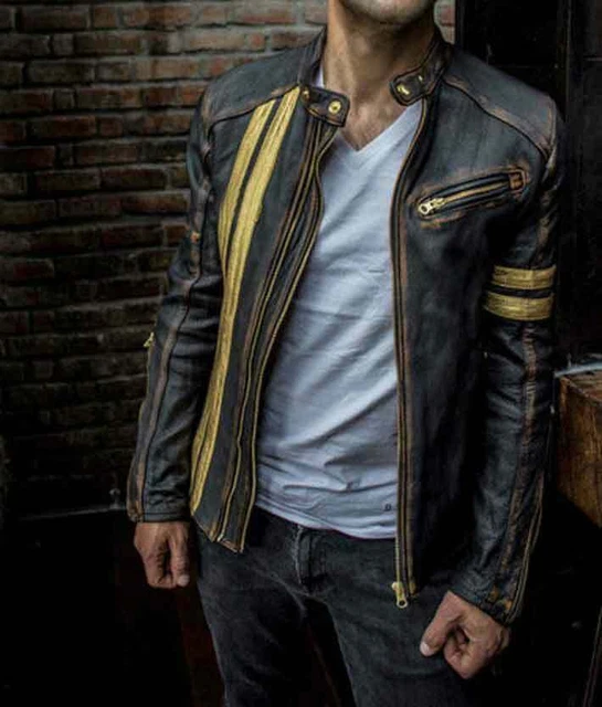 Men’s Motorcycle Biker Vintage Cafe Racer Distressed Black Real Leather Jacket