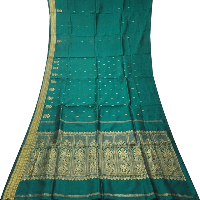 Verde Vintage Sari 100% Pura Seta Zari Cucito a Mano Tradizionale 4.6m Stoffa