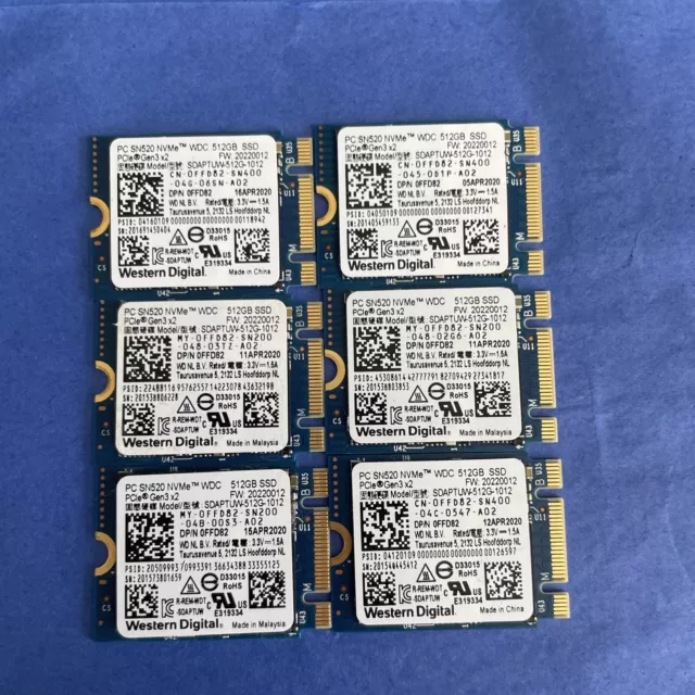 Lot of 6 -Western Digital SN520 512GB SSD, NVME