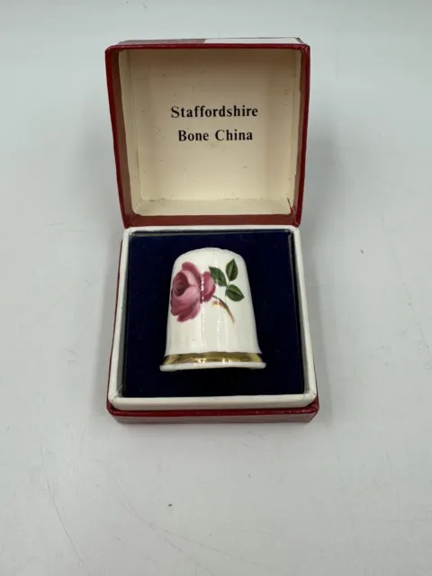 Sandford England Thimble Staffordshire Pink Red Rose Fine Bone China in Box