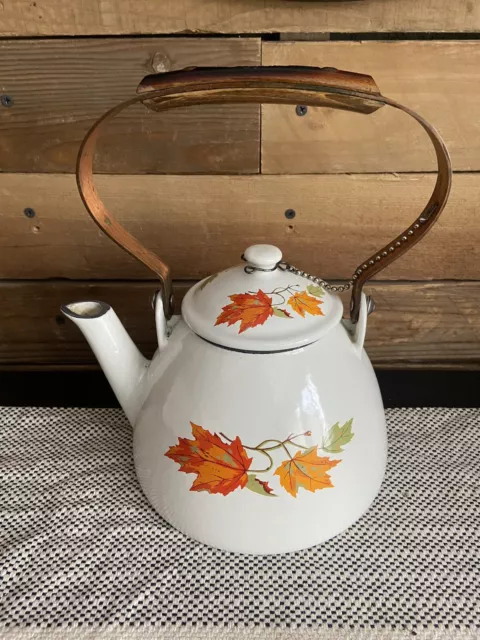 Vintage Descoware Kettle Teapot Enameled Cast Iron Maple Leaf Made In Belgium
