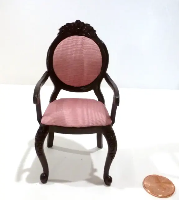 Bespaq Dollhouse Miniature Dining  Arm Chair 5090 Mahogany Finish W/Pink Fabric