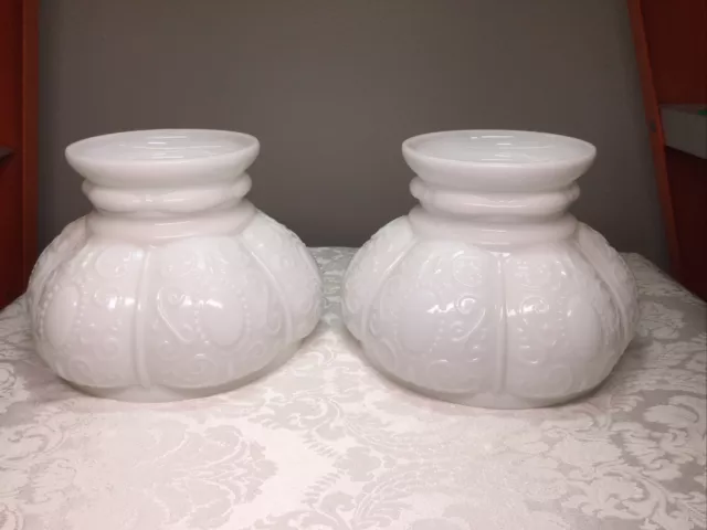 Antique Opal White GLASS Melon Scroll Cameo Student SHADE FITTER 7 INCH D - Pair