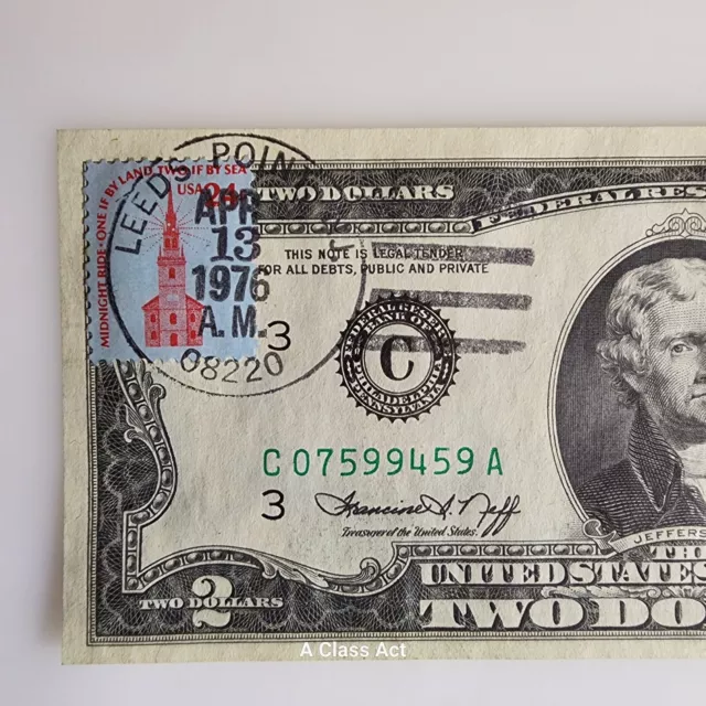 NICE US $2 Dollar Bill 1976 (C) Note USPS Stamp, Canceled Leeds Point, NJ T8108