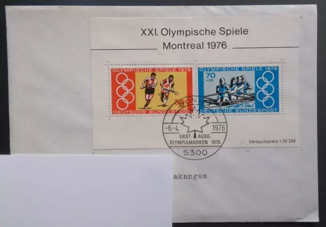 Bundesrepublik, Block Nr 12, Olympische Spiele 1976,  FDC-Brief nach Finnland