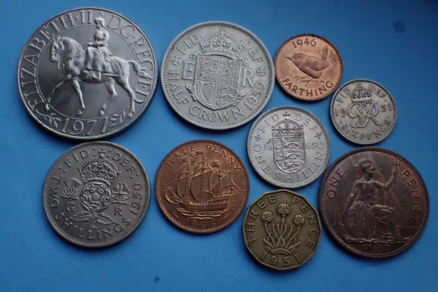 The old £sd Money, Crown to Farthing (9 Coins) as shown.