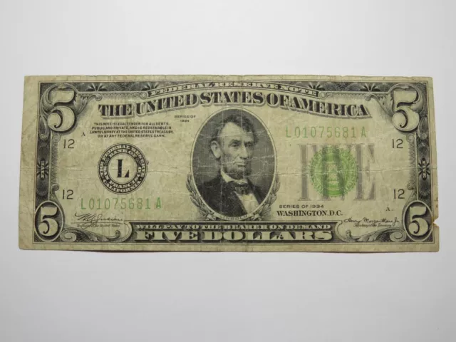 $5 1934 San Francisco Federal Reserve Bank Note Currency Bill USA Money