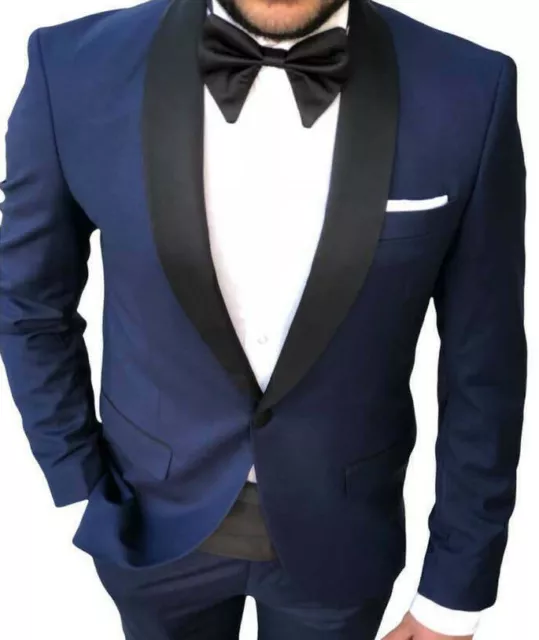 Diseñador Traje de Fiesta Fumar Azul Cuello Esmoquin Boda Slim Fit los Hombres