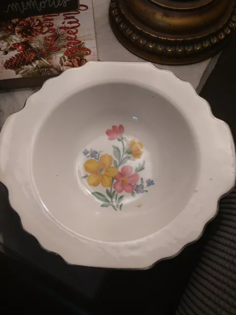 VTG Hand-Painted Porcelain Serving Bowl Gold Rim Pink Pale Yellow  Flowers