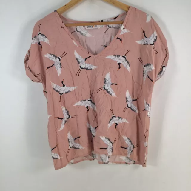 Sunny Girl womens blouse top size 14 pink bird short sleeve Vneck viscose 076027