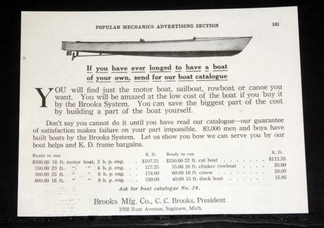 1910 Old Magazine Print Ad, Brooks System, Motor Boats, Sailboats And Rowboats!