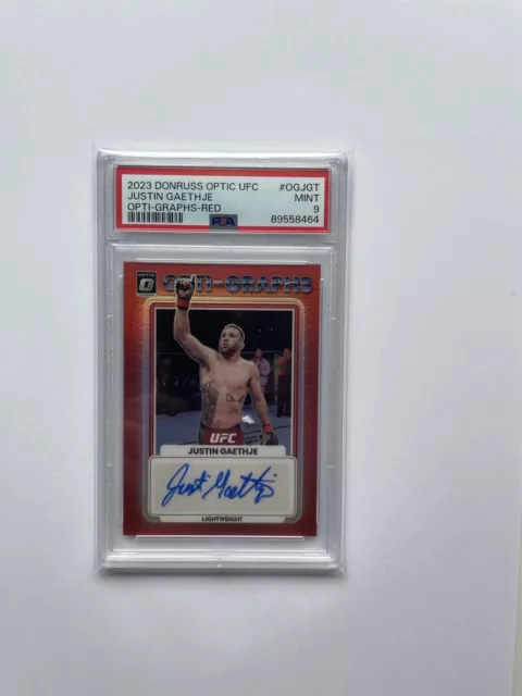 2023 Donruss Optic UFC Justin Gaethje Red Prizm Opti-Graphs Auto #/199 PSA 9