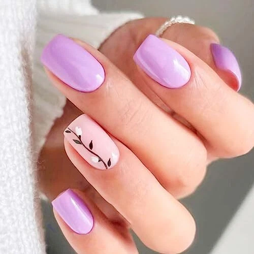 Press on Nails Short Length Lilac Fake Nails with Vine Designs Square Purple