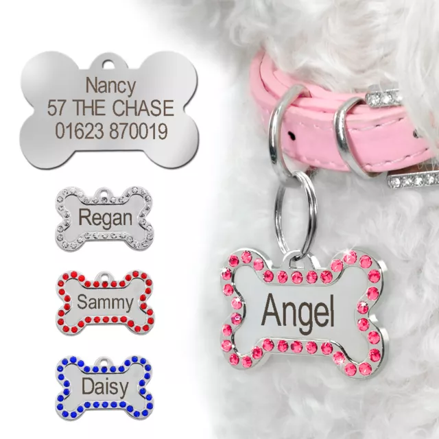 Rhinestones Bone Personalised Dog Tags Disc Disk Pet Name ID Tags Engraved Free