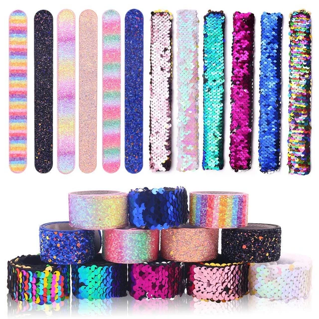 VGOODALL 12 PCS Glitter Slap Bracelet Kids Sequin Bracelet Mermaid Bracelet F...