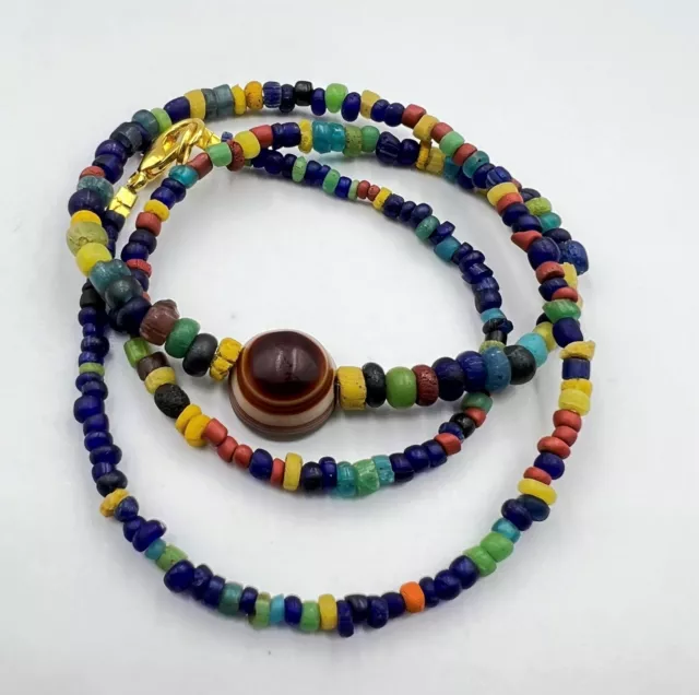 Old Antique South East Asian Ancient Glass With Himalayan Magic Eye Agate Beads