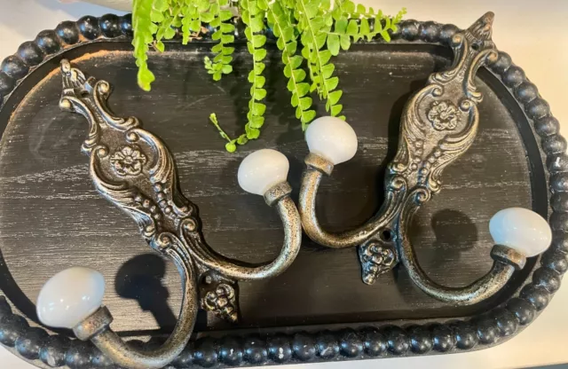 Vintage Brass Wall Hook Hanger Porcelain Ball Hat Coat Metal Taiwan Ornate 2 Set