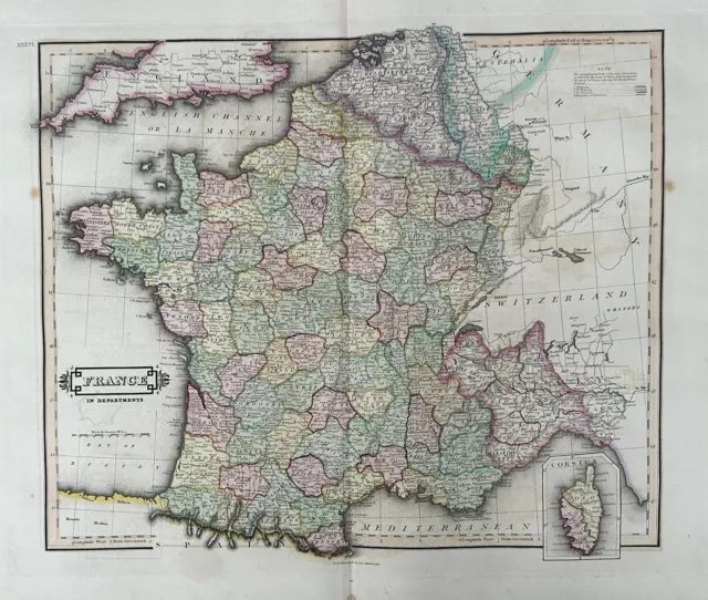 1828 France in Departments by Daniel Lizars Large Hand Coloured  Antique Map